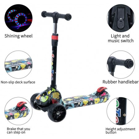 Mighty Rock Kids Kick Scooter with 3 LED Light-Up Wheels for Toddlers 3-8 Year-Old,4 Adjustable Height,Lean to Steer with Extra-Wide Deck,Folding Graffiti Scooter with Musical, Bearing Capacity 110lb